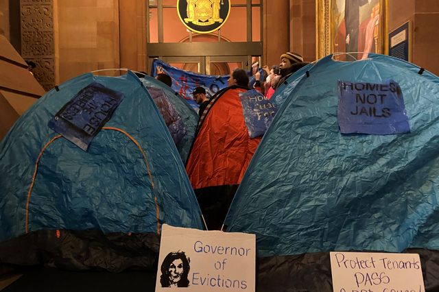 Activists pitched tents outside of Gov. Kathy Hochul's office to protest her bail-reform plan and a tax break for housing developers.